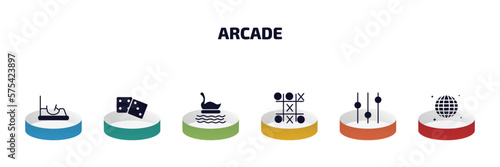 arcade infographic element with filled icons and 6 step or option. arcade icons such as bumper car, board games, swan boat, tic tac toe, controls, nightclub vector.