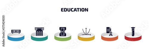 education infographic element with filled icons and 6 step or option. education icons such as digital display 60, greek pillar, sharpener, parabolic function, sealed diploma, full test tube vector.