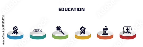 education infographic element with filled icons and 6 step or option. education icons such as top, grandstand, magnification lens, fraternity, classroom tribune, swinging vector.