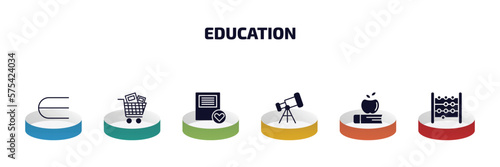education infographic element with filled icons and 6 step or option. education icons such as is an element of, cart with books, favorite book, telescope, book and, abacus vector.