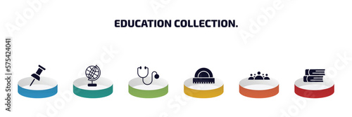 education collection. infographic element with filled icons and 6 step or option. education collection. icons such as pushpin, school globe, cardiology tool, semicircle with ruler, group of people,