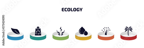 ecology infographic element with filled icons and 6 step or option. ecology icons such as eco, recycled bag, green energy source, oil drops, tree with many leaves, coconut tree vector.