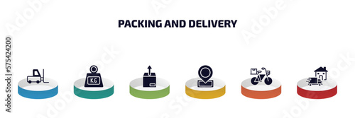 packing and delivery infographic element with filled icons and 6 step or option. packing and delivery icons such as forklift, weight, unpacking, localize, delivery by bike, home vector.