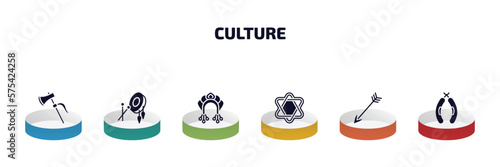 culture infographic element with filled icons and 6 step or option. culture icons such as native american axes, native american drum, kokoshnik, israel star of david, native, chorizo vector.