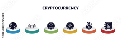 cryptocurrency infographic element with filled icons and 6 step or option. cryptocurrency icons such as circuit, won, , income, strongbox