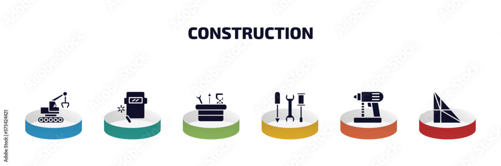 construction infographic element with filled icons and 6 step or option ...