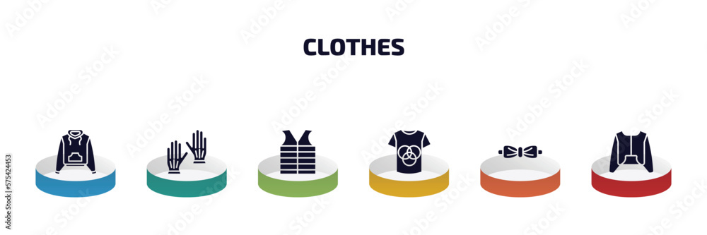 Fototapeta premium clothes infographic element with filled icons and 6 step or option. clothes icons such as hooded jacket, leather gloves, padded vest, t shirt with de, bow tie, nylon jacket vector.