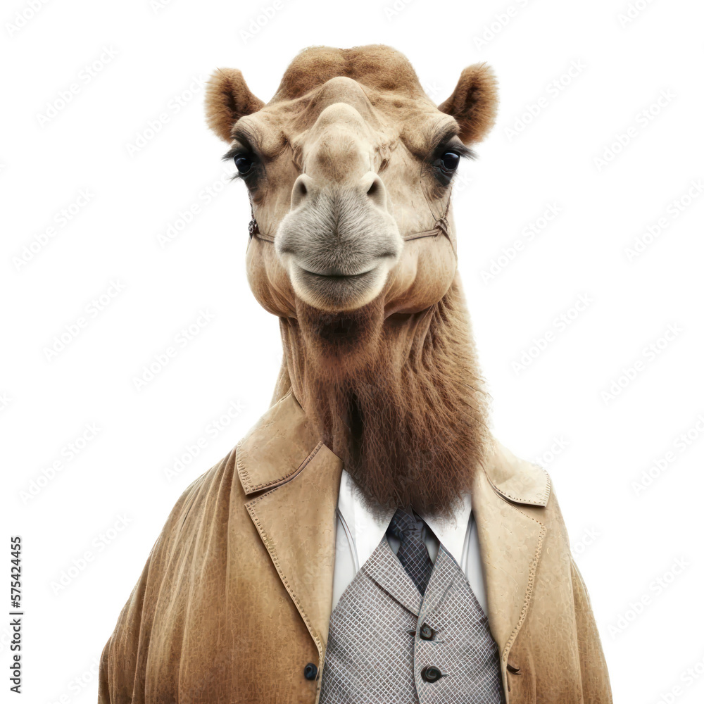 Portrait of a camel dressed in a formal business suit on white ...