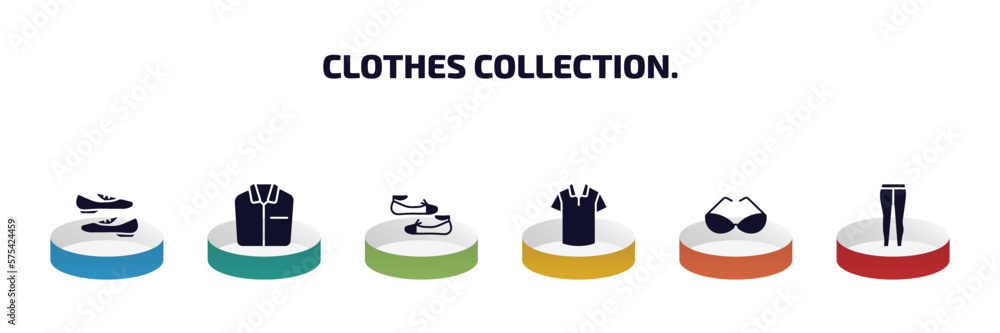 clothes collection. infographic element with filled icons and 6 step or option. clothes collection. icons such as loafer, formal shirt, flat shoes, cotton polo shirt, cat eye glasses, leggins