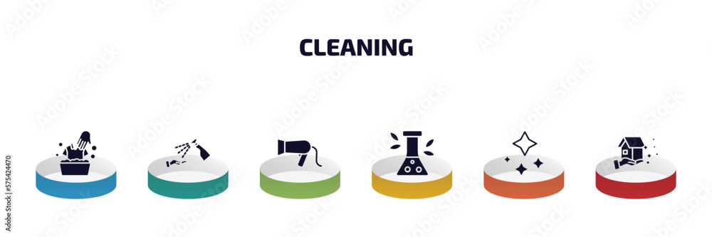 cleaning infographic element with filled icons and 6 step or option. cleaning icons such as washing clothes, sterilization, hairdryer cleanin, preservatives, neat, cleaning house vector. cleaning infographic element with filled icons and 6 step or option. cleaning icons such as washing clothes, sterilization, hairdryer cleanin, preservatives, neat, cleaning house vector.