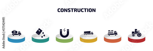construction infographic element with filled icons and 6 step or option. construction icons such as fuel truck, paint bucket, inclined magnet, tipper, truck with load, steamroller vector.