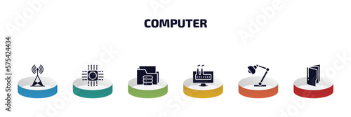 computer infographic element with filled icons and 6 step or option. computer icons such as telecommunications, computer chip, connected folder data, industrial, study lamp, folder vector.