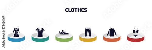 clothes infographic element with filled icons and 6 step or option. clothes icons such as trench coat, v neck shirt, shoes, sweatpants, turtleneck, lingerine vector.