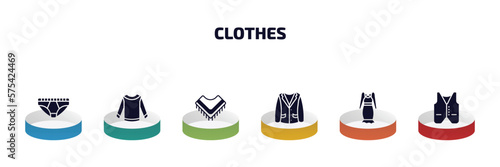 clothes infographic element with filled icons and 6 step or option. clothes icons such as underpants, long sleeves t shirt, shawl, oxford wave blazer, jersey wrap dress, waistcoat vector.