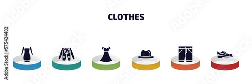 clothes infographic element with filled icons and 6 step or option. clothes icons such as long sleeveless dress, blazer, chiffon dress, men hat, chino shorts, leather shoes vector.