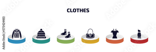 clothes infographic element with filled icons and 6 step or option. clothes icons such as denim shirt, knit hat with pom pom, men socks, hobo bag, lyocell shirt dress, one shoulder dress vector.