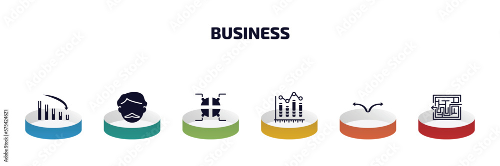 business infographic element with filled icons and 6 step or option. business icons such as loss chart, man with moustach, infographic elements, column chart, two way arrows, maze game vector.