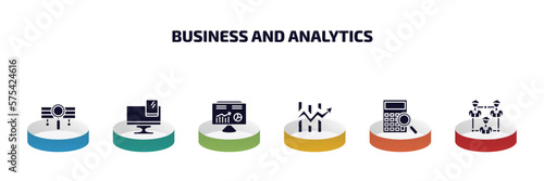 business and analytics infographic element with filled icons and 6 step or option. business and analytics icons such as stock data analysis, gadget, hash rate, charts, supplies, users interconnected