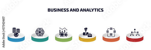 business and analytics infographic element with filled icons and 6 step or option. business and analytics icons such as money back, radar chart, production, worker, database interconnected,
