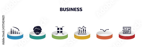 business infographic element with filled icons and 6 step or option. business icons such as loss chart, man with moustach, infographic elements, column chart, two way arrows, maze game vector.