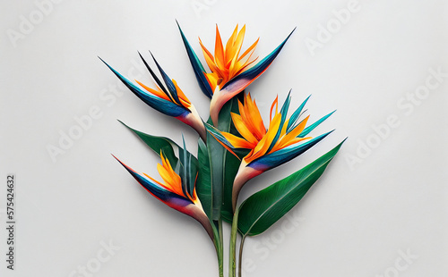Flowers creative composition. Bouquet of bird of paradise flowers plant with leaves isolated on white background. Flat lay, top view, copy space 