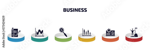 business infographic element with filled icons and 6 step or option. business icons such as bailment, smooth line chart, money searcher, bars graphic, laptop analysis, success man vector.