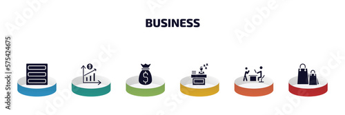 business infographic element with filled icons and 6 step or option. business icons such as basic burger, finance, money sack, sleepy worker at work, boss reading a document, shopping bags vector.