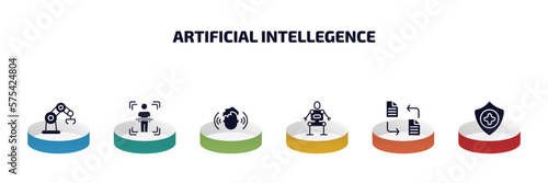 artificial intellegence infographic element with filled icons and 6 step or option. artificial intellegence icons such as bionic arm, body scan, immersive, exoskeleton, file transfer, healthcare