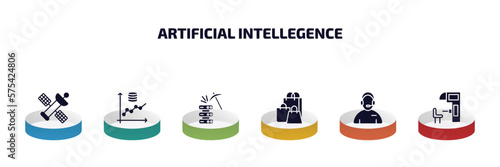 artificial intellegence infographic element with filled icons and 6 step or option. artificial intellegence icons such as outer space, prediction, data mining, shopping bag, assistant, sensorama
