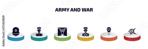 army and war infographic element with filled icons and 6 step or option. army and war icons such as military helmet, officer, torture, veteran, skull army, explosion vector.