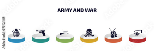 army and war infographic element with filled icons and 6 step or option. army and war icons such as granade, gun, sniper rifle, gas mask, dog tag, canon vector. photo