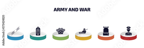army and war infographic element with filled icons and 6 step or option. army and war icons such as barbed wire, chevron, knuckle, warship, backpack, conscription vector.
