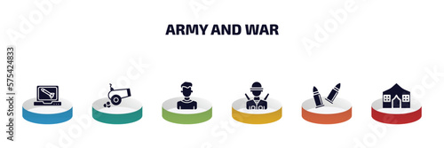 army and war infographic element with filled icons and 6 step or option. army and war icons such as computer, artillery, civilian, infantry, two bullets, militar tent vector.