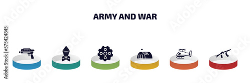army and war infographic element with filled icons and 6 step or option. army and war icons such as grenade launcher, depth charge, chamber, bunker, helicopter, vector.