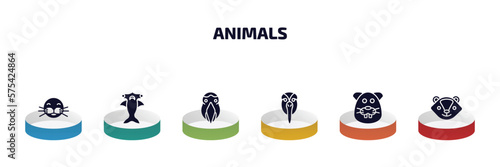 animals infographic element with filled icons and 6 step or option. animals icons such as seal, hummerhead, aw, albotros, beaver, skunk vector. photo