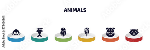 animals infographic element with filled icons and 6 step or option. animals icons such as seal, hummerhead, aw, albotros, beaver, skunk vector.