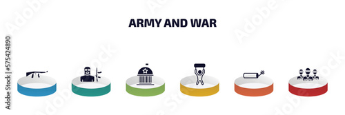 army and war infographic element with filled icons and 6 step or option. army and war icons such as rifle, terrorist, federal agency, revolt, explosive, brigade vector.