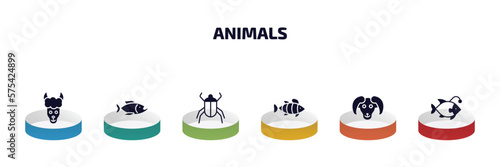 animals infographic element with filled icons and 6 step or option. animals icons such as lama, piranha, beetle, clown fish, male sheep, angler vector.