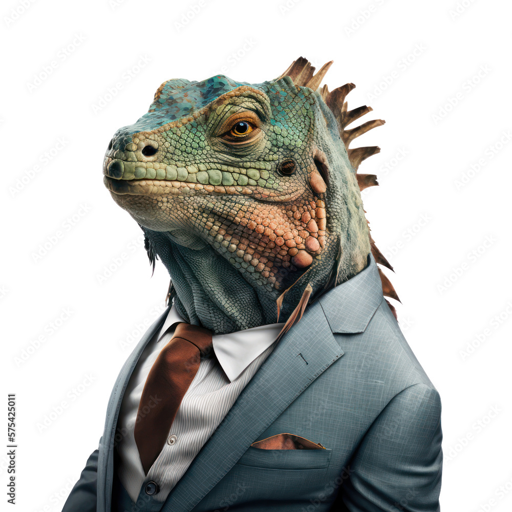 Portrait of a iguana dressed in a formal business suit on white background, transparent png, generative ai