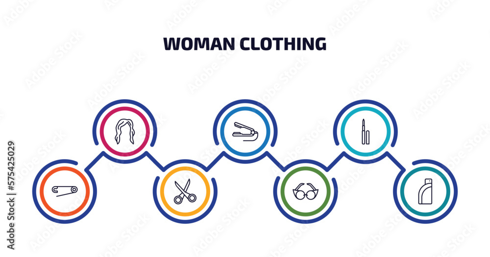 woman clothing infographic element with outline icons and 7 step or option. woman clothing icons such as hair wig with side, hair iron, eyeliner pencils, perdible pin, scissors inverted view, woman clothing infographic element with outline icons and 7 step or option. woman clothing icons such as hair wig with side, hair iron, eyeliner pencils, perdible pin, scissors inverted view,