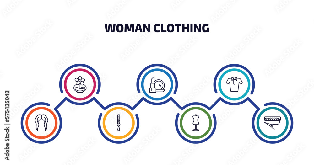 woman clothing infographic element with outline icons and 7 step or option. woman clothing icons such as stylish perfume bottle, makeup, polo shirt for women, hair wig, zip, couture mannequin, woman clothing infographic element with outline icons and 7 step or option. woman clothing icons such as stylish perfume bottle, makeup, polo shirt for women, hair wig, zip, couture mannequin,