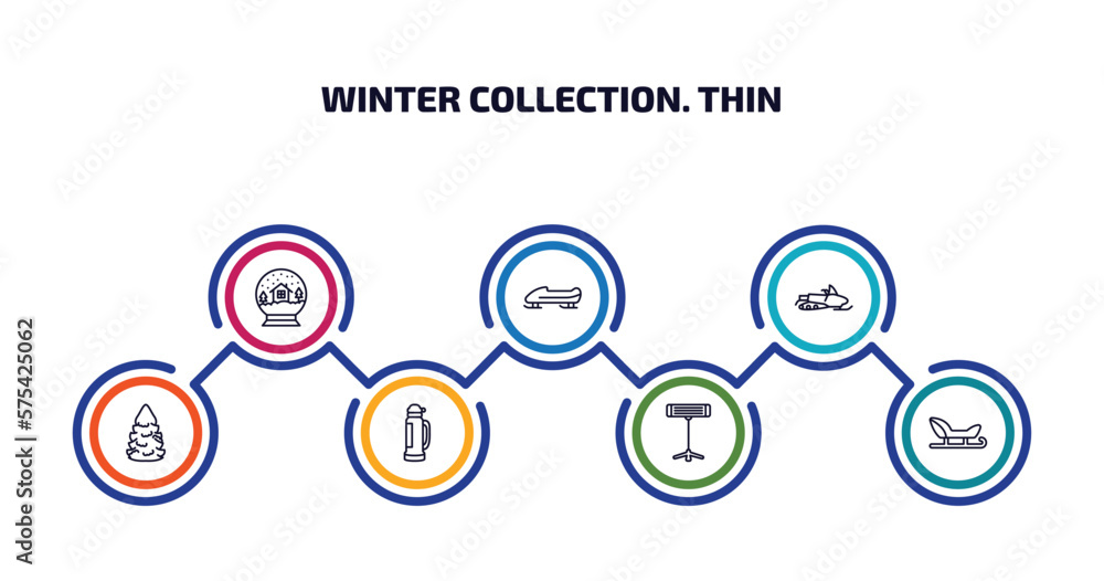 winter collection. thin infographic element with outline icons and 7 step or option. winter collection. thin icons such as snow globe, bobsled, snowmobile, fir, themos flask, electric heater, sledge winter collection. thin infographic element with outline icons and 7 step or option. winter collection. thin icons such as snow globe, bobsled, snowmobile, fir, themos flask, electric heater, sledge