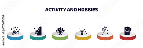 activity and hobbies infographic element with filled icons and 6 step or option. activity and hobbies icons such as party, mountaineering, yoga, magician, butterfly catcher, mahjong vector.