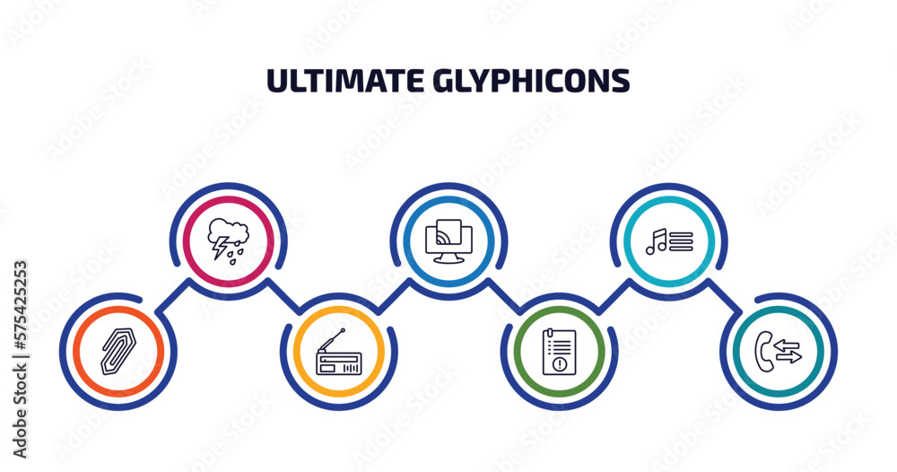 ultimate glyphicons infographic element with outline icons and 7 step or option. ultimate glyphicons icons such as rain cloud, tv wireless connection, music menu, attach rotated, old radio with