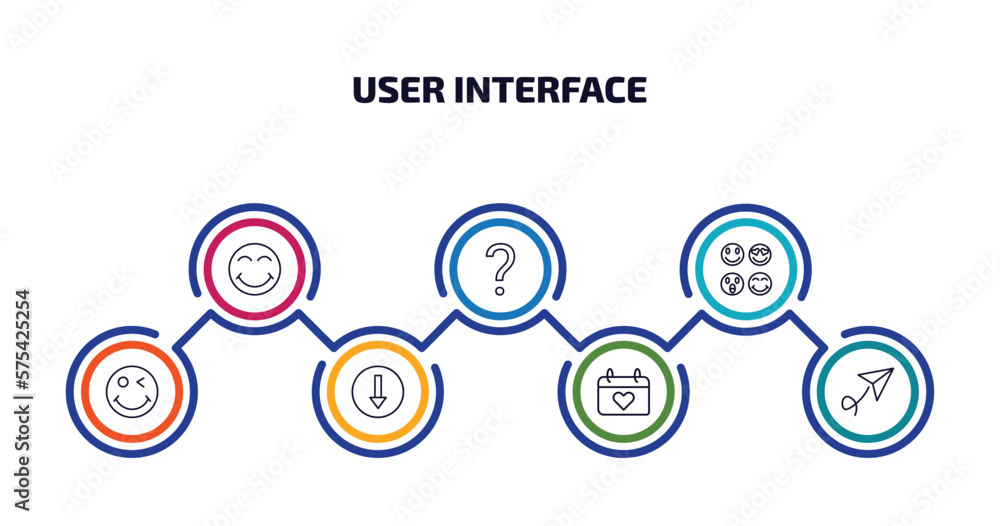 user interface infographic element with outline icons and 7 step or option. user interface icons such as joyful smile, question mark, the of, winking smile, bottom, heart on calendar, paper plane user interface infographic element with outline icons and 7 step or option. user interface icons such as joyful smile, question mark, the of, winking smile, bottom, heart on calendar, paper plane