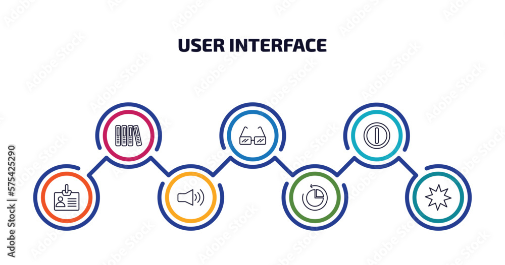 user interface infographic element with outline icons and 7 step or option. user interface icons such as office folders, square glasses, letter i, personal credentials, high volume loudspeaker,