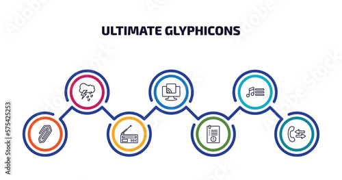 ultimate glyphicons infographic element with outline icons and 7 step or option. ultimate glyphicons icons such as rain cloud, tv wireless connection, music menu, attach rotated, old radio with