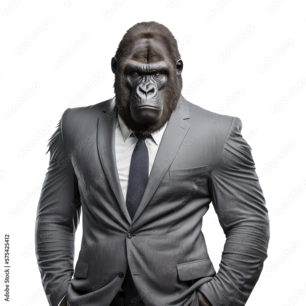 Portrait of a gorilla dressed in a formal business suit on white background, transparent png, generative ai Portrait of a gorilla dressed in a formal business suit on white background, transparent png, generative ai