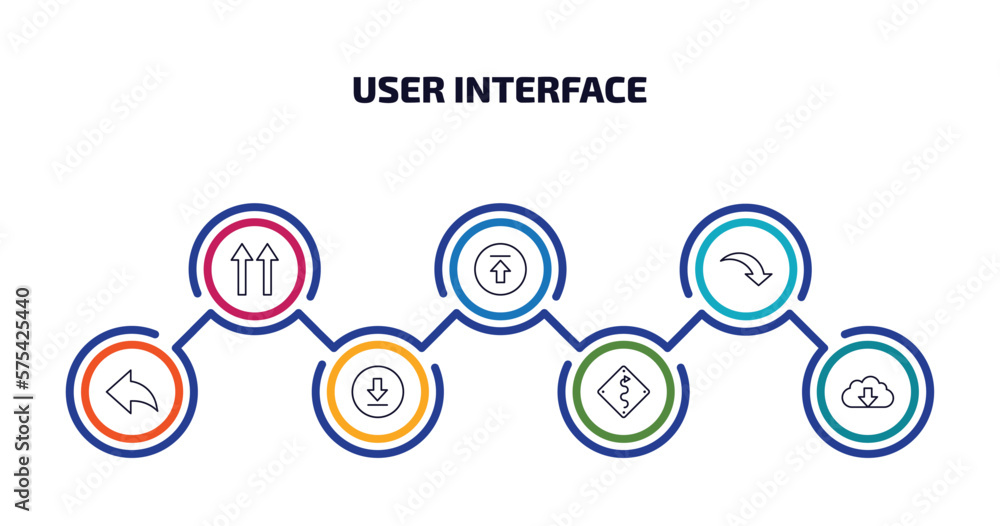 user interface infographic element with outline icons and 7 step or option. user interface icons such as up side, upload button, curve arrow, arrow address back, downloading, curvy road warning, user interface infographic element with outline icons and 7 step or option. user interface icons such as up side, upload button, curve arrow, arrow address back, downloading, curvy road warning,