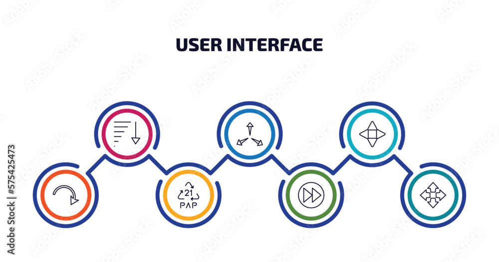 user interface infographic element with outline icons and 7 step or option. user interface icons such as sorting, expand arrows, navigation arrows, curved arrows, 21 pap, forward button, four expand user interface infographic element with outline icons and 7 step or option. user interface icons such as sorting, expand arrows, navigation arrows, curved arrows, 21 pap, forward button, four expand